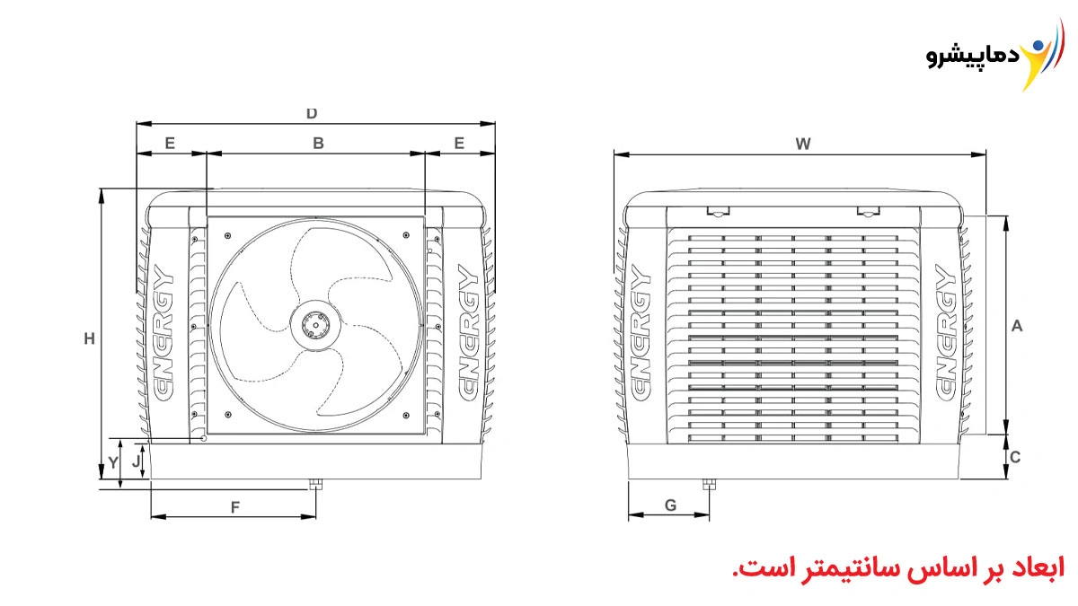 ابعاد کولر آبی پلیمری سلولزی 12500 انرژی